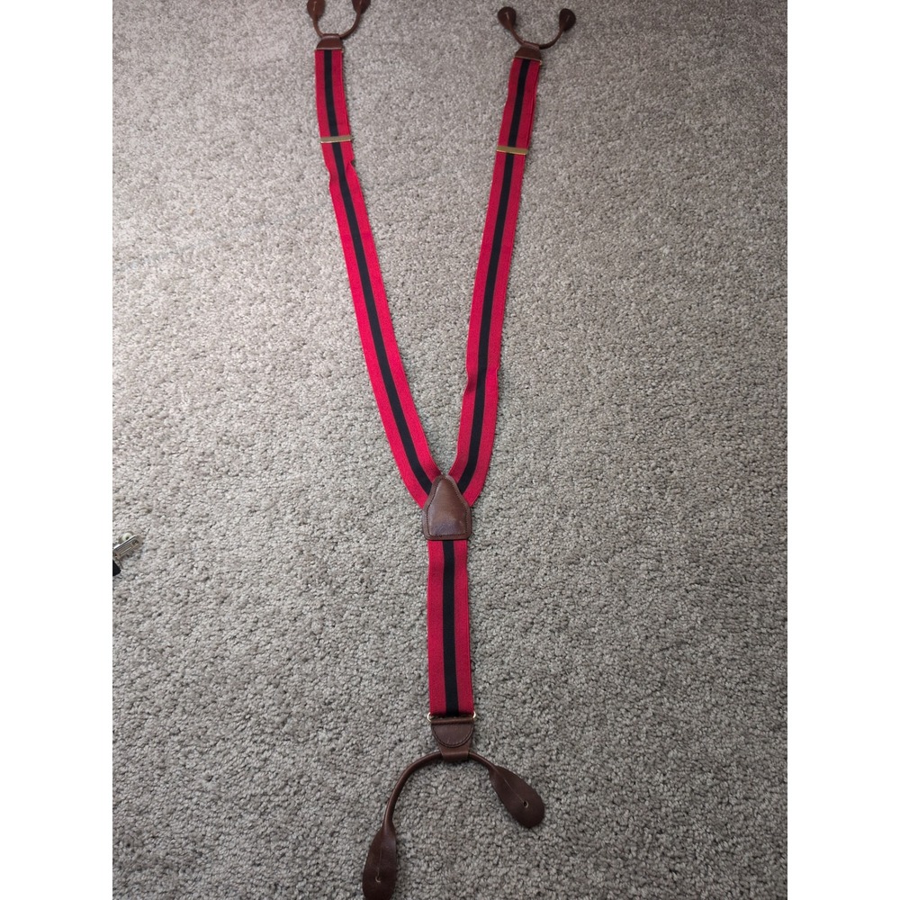 Vintage Red Black Striped Y-Back Suspenders Leather Button Tabs W-Germany Gold